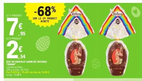 le 1 produit  ,95  le 2º produit  ,54  ceuf en chocolat garni de fritures "rohan"  licorne ou dino.  335 g le kg: 23,73 €  par 2 (670 g): 10,49 € au lieu de 15,90 € le kg: 15,66 €  -68%  sur le 2e pro