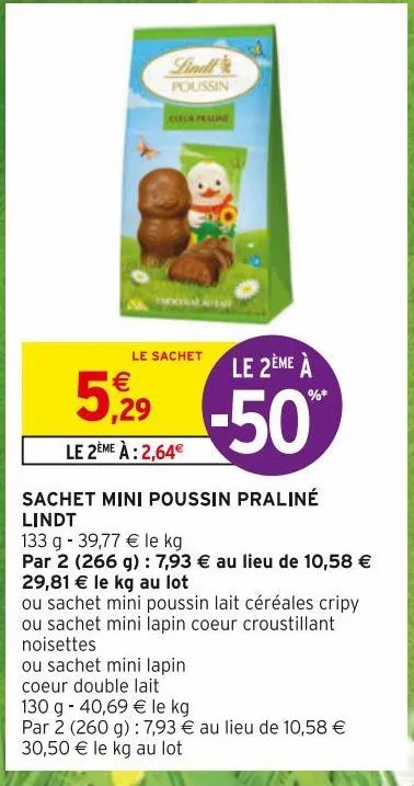 sachet mini poussin praline lindt