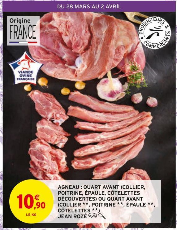 Agneau: quart avant(collier, poitrine, épaule, côtelettes découvertes) ou quart avant (collier, poitrine, épaule, côtelettes) Jean Rozé 