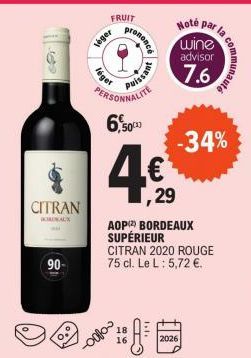 CITRAN  KAUX  90- FRUIT  leger  léger  rononcé  PERSONNALITE  6,500  0100  JESSING  A  29  AOP(2) BORDEAUX SUPÉRIEUR  CITRAN 2020 ROUGE 75 cl. Le L : 5,72 €.  Note  par  wine  advisor  7.6  -34%  2026