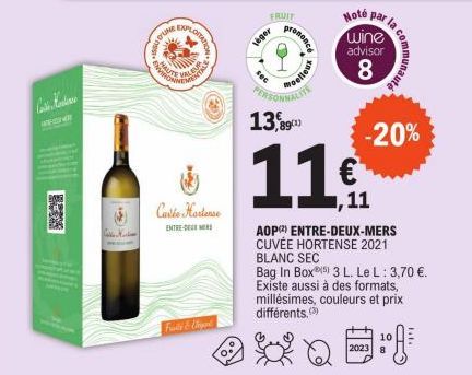 Co  www  1  Druce  Expe  UTE  ORTATION  VALE  Carlle Hortense  ENTRE  leger  FRUIT  PERSONNALIT 13,8901)  11  prononcé  Boelleux  1,11  AOP(2) ENTRE-DEUX-MERS CUVÉE HORTENSE 2021 BLANC SEC  Bag In Box