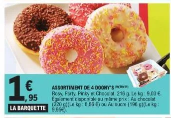 1 €  ,95  assortiment de 4 doony's  rosy, party, pinky et chocolat. 216 g. le kg: 9,03 €. egalement disponible au même prix: au chocolat (220 g)(le kg: 8,86 €) ou au sucre (196 g)(le kg: la barquette 