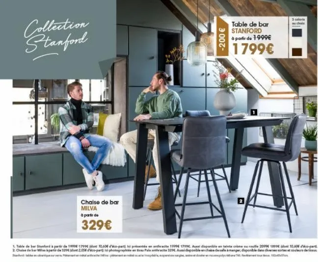 collection stanford  chaise de bar milva à partir de  329€  -200 €  table de bar stanford à partir de 1999€  1799€  3 colors  wu choix  