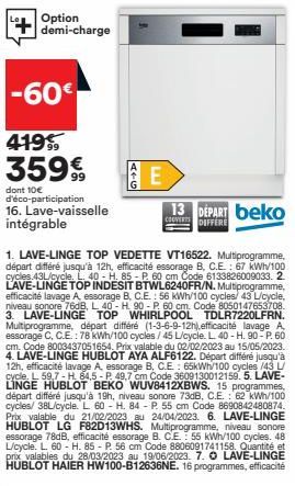 Option demi-charge  -60€  419% 359€  dont 10€ d'éco-participation 16. Lave-vaisselle intégrable  ATG  E  1. LAVE-LINGE TOP VEDETTE VT16522. Multiprogramme, départ différé jusqu'à 12h, efficacité essor