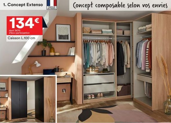 1. Concept Extenso  134€  dont 3€70 d'éco-participation  Caisson L.100 cm  FABRIQUE EN FRANCE  Concept composable selon vos envies  