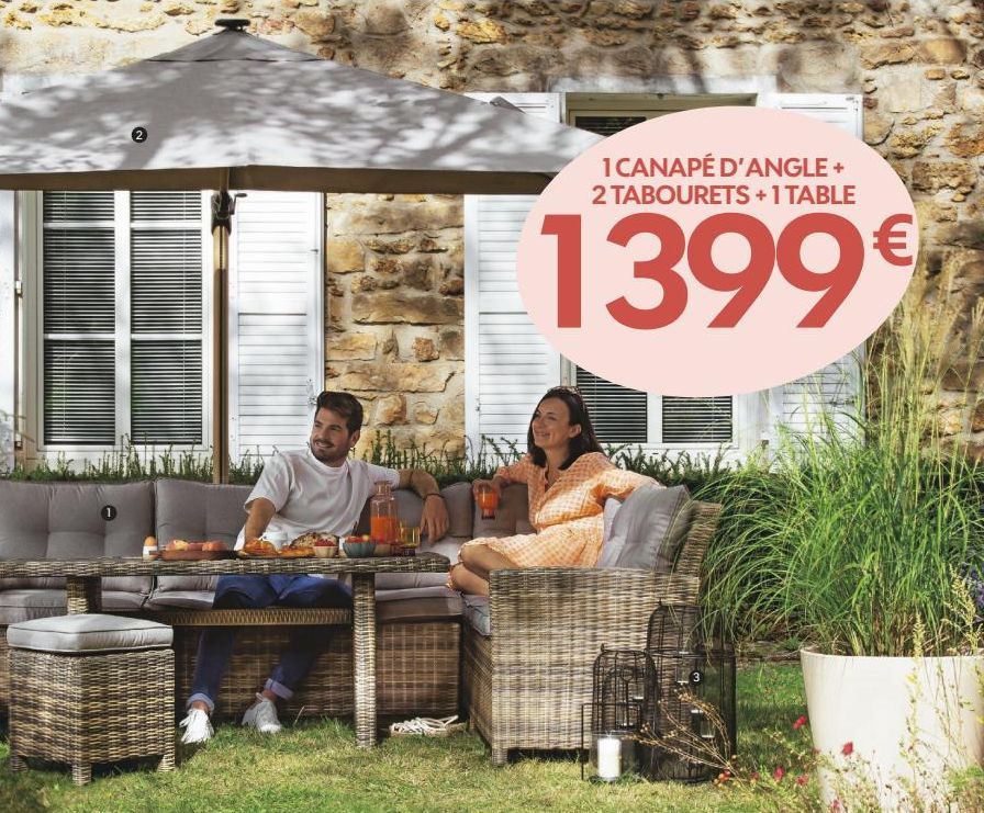 1 CANAPÉ D'ANGLE+ 2 TABOURETS + 1 TABLE  1399⁹  3  € 