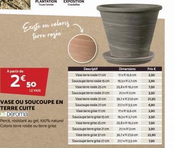 À partir de  ew  Existe e terre rosée  2€50  LE VASE  coloris  VASE OU SOUCOUPE EN TERRE CUITE  Deroma  Percé, résistant au gel, 100% naturel Coloris terre rosée ou terre grise  Descriptif Vase temero