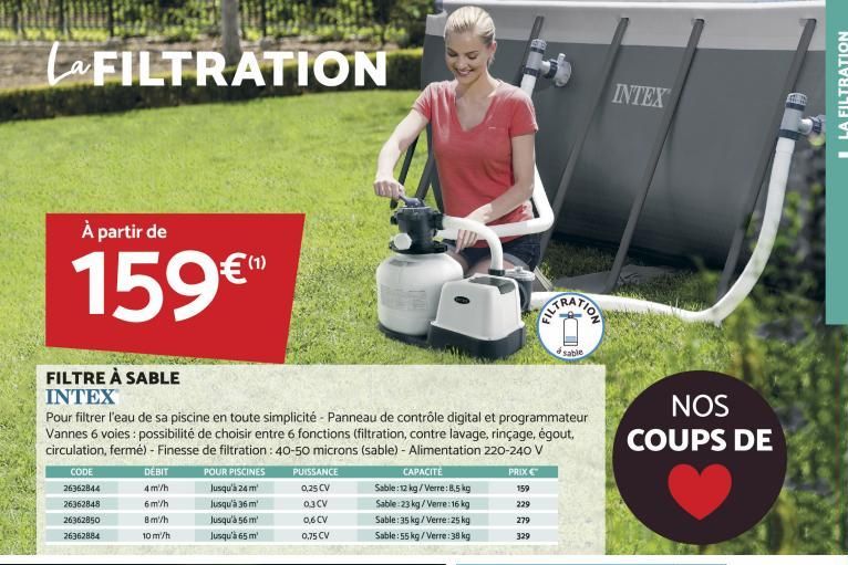 LaFILTRATION  À partir de  159€  FILTRE À SABLE INTEX  CODE  26362844 26362848 26362850 26362884  Pour filtrer l'eau de sa piscine en toute simplicité - Panneau de contrôle digital et programmateur Va