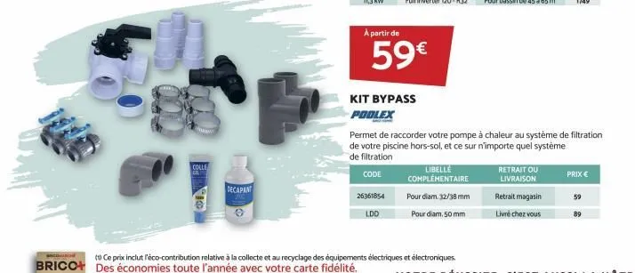 colle  cel p  decapant  9  à partir de  59€  26361854 ldd  libellé complémentaire pour diam. 32/38 mm pour diam, 50 mm  kit bypass  podlex  permet de raccorder votre pompe à chaleur au système de filt