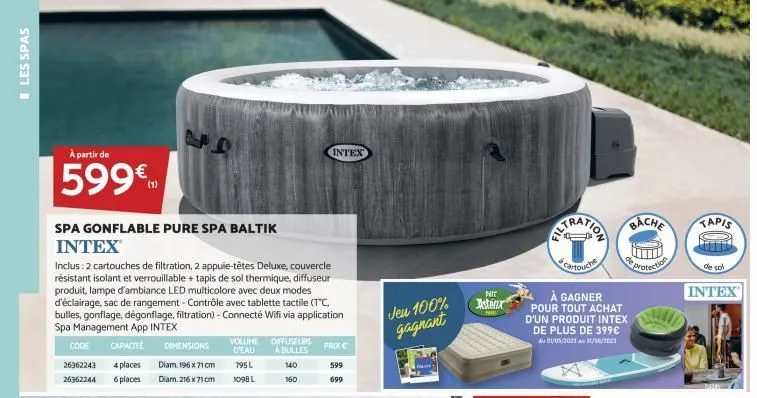 les spas  à partir de  599€  1.d  spa gonflable pure spa baltik  intex  inclus : 2 cartouches de filtration, 2 appuie-têtes deluxe, couvercle résistant isolant et verrouillable + tapis de sol thermiqu