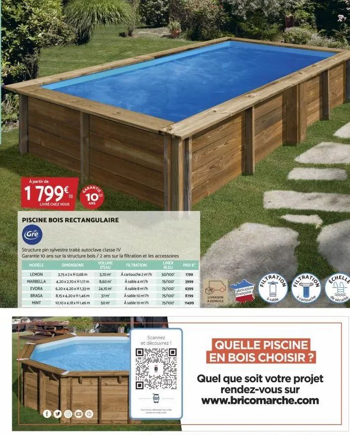 à partir de  1799€  livré chez vous  10%  ans  piscine bois rectangulaire  gre  structure pin sylvestre traité autoclave classe iv garantie 10 ans sur la structure bois / 2 ans sur la filtration et le