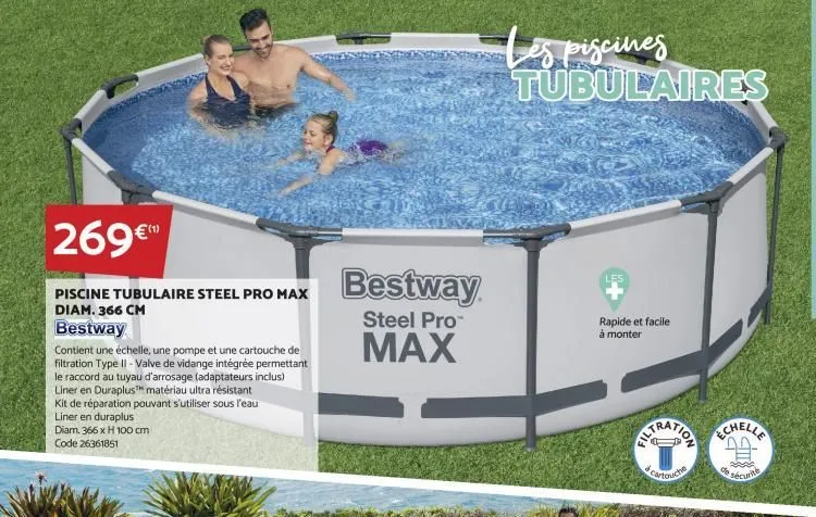 269€™  piscine tubulaire steel pro max diam. 366 cm  bestway  contient une échelle, une pompe et une cartouche de filtration type ii - valve de vidange intégrée permettant le raccord au tuyau d'arrosa