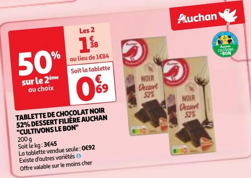 tablette de chocolat noir 52% dessert filière auchan "cultivons le bon"