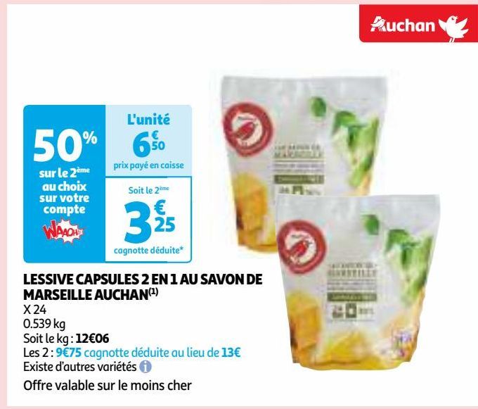 LESSIVE CAPSULES 2 EN 1 AU SAVON DE MARSEILLE AUCHAN