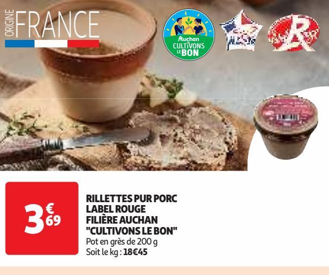 RILLETTES PUR PORC LABEL ROUGE FILIÈRE AUCHAN "CULTIVONS LE BON"