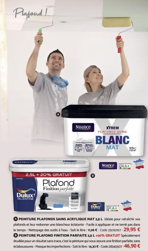 Plafond!  2,5L + 20% GRATUIT  Plafond Finition parfaite  Dulux  VALENTINE  Nuance  TAY  COUVRANT SANS TRACK **********  MUNT BECHAGE KANCE  XTREM  PLAFONDS SAINS  BLANC  MAT  Dulux VALENTIME  Nuance  