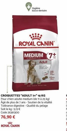 ROYAL CANIN  MEDIUM 7  Adult  HE HEALTH Sention  CROQUETTES "ADULT 7+" 15 KG Pour chien adulte medium (de 11 à 25 kg) Âgé de plus de 7 ans - Soutien de la vitalité Tolérance digestive - Qualité du pel
