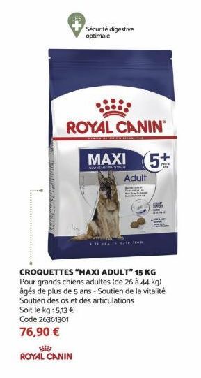NOTICIENT ANTON  Sécurité digestive optimale  ROYAL CANIN  MAXI 5+  Adult  CROQUETTES "MAXI ADULT" 15 KG Pour grands chiens adultes (de 26 à 44 kg) âgés de plus de 5 ans - Soutien de la vitalité Souti