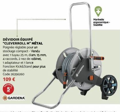 ANS  DÉVIDOIR ÉQUIPÉ "CLEVERROLL M" MÉTAL Poignée réglable pour un stockage compact - Vendu avec 1 tuyau 25 m, diam. 15 mm, 4 raccords, 2 nez de robinet, 1 adaptateur et 1 lance Fonction Kick&Stand po