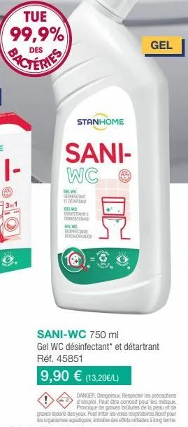 tue 99,9%  des  31  wi  p  stanhome  sani-wc  gel wo desinfectant dent gelwc distant ncron  gel wo desinfectan descalorica  gel  sani-wc 750 ml  gel wc désinfectant* et détartrant réf. 45851  9,90 € (