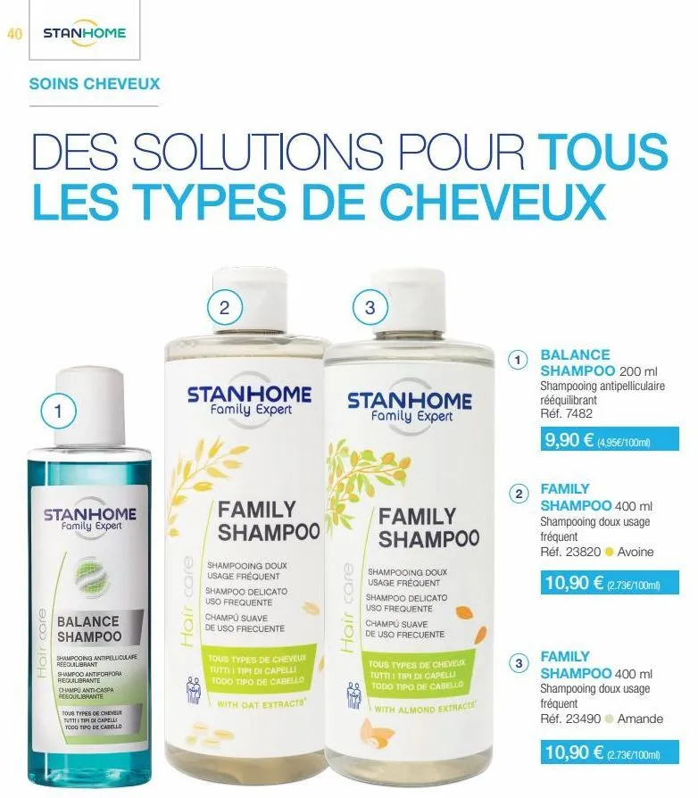 40 stanhome  soins cheveux  des solutions pour tous les types de cheveux  1  stanhome family expert  hair care  balance  shampoo  shampooing antipelliculare reequilibrant  shampoo antiforfora requilib