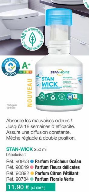 AIR CAREE  SCORE  Parfum de synthèse  88+ D'OR  A+  NOUVEAU  GREDIENTS  NATURELLE  STAN WICK  STANHOME  STAN-WICK 250 ml Désodorisant  OC  NORD  ANT  DESODO  C  Absorbe les mauvaises odeurs ! Jusqu'à 