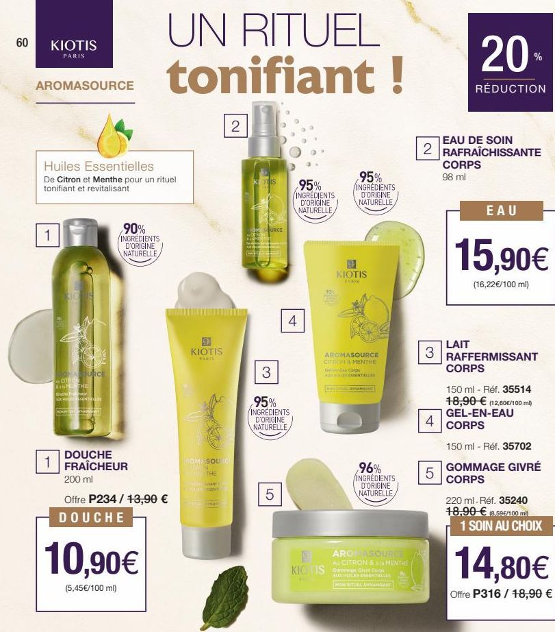 60  KIOTIS  PARIS  AROMASOURCE  Huiles Essentielles  De Citron et Menthe pour un rituel tonifiant et revitalisant  1  KICHIS  ONAS BURCE CITRON  MENTHE  Deach  ou  42X HULLE SENTIDES  KONINULLMANY  ,9