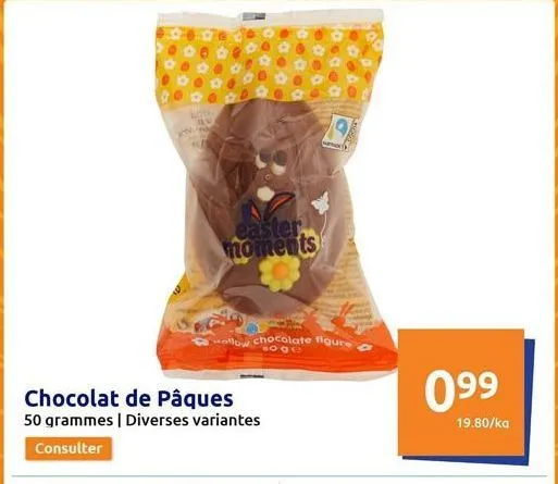 bota  fol  easter moments  chocolat de pâques  50 grammes | diverses variantes  consulter  hollow chocolate figure  memory  099  19.80/ka  