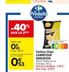 -40%  SUR LE 2  Vendu sou  0%8  Le kg: 5,87 €  Le 2 produt  053  (6 Produits  Carrefour  TORTAS  NUTRI-SCORE  Tortillas Chips CARREFOUR SENSATION Nature, Barbecue ou Fromage, 150 g Soit les 2 produits