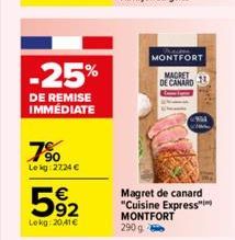 -25%  DE REMISE IMMÉDIATE  7⁹0  Lekg: 2724 €  592  Lokg: 20,41€  Prac MONTFORT  MAGRET  DE CANARD  Magret de canard "Cuisine Express" MONTFORT 290 g 