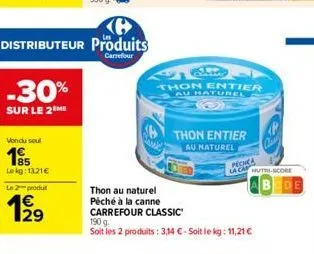 -30%  sur le 2  vondu soul  1€  185 lekg: 13.21€  le 2 produ  thon entier au haturel  thon au naturel  péché à la canne carrefour classic  thon entier  au naturel  pechea  la ca  190 g.  soit les 2 pr