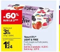 vendu seul  3%9  lekg: 3,09 €  le 2 produt  -60%  sur le 2m ree  yaourt 0%  light & free  fruits rouges ou fruits jaunes, 8x125g soit les 2 produits: 4,33 €. soit le kg: 2,17 €  pots 