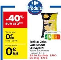 -40%  SUR LE 2  Vendu soul  88  Le kg: 5.87€  Le 2 produt  053  Produits  Carrefour  TORTAS  NUTRI-SCORE  Tortillas Chips CARREFOUR SENSATION Nature, Barbecue ou Fromage, 150 g Soit les 2 produits: 1,