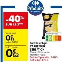 -40%  sur le 2  vendu soul  88  le kg: 5.87€  le 2 produt  053  produits  carrefour  tortas  nutri-score  tortillas chips carrefour sensation nature, barbecue ou fromage, 150 g soit les 2 produits: 1,