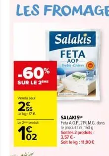 -60%  sur le 2 me  vendu soul  2  55 lekg: 17 €  le 2 produt  10₂2  salakis feta  aop brebis-chevre  salakis  feta a.o.p., 21% m.g. dans le produit fini, 150 g. soit les 2 produits: 3,57 € -  soit le 