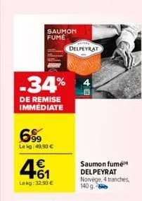 saumon fume  -34%  de remise immediate  6.99  lekg: 49,90 €  +61  lekg: 32,90 €  delpeyrat  23  saumon fumé delpeyrat norvège, 4 tranches, 140 g.  
