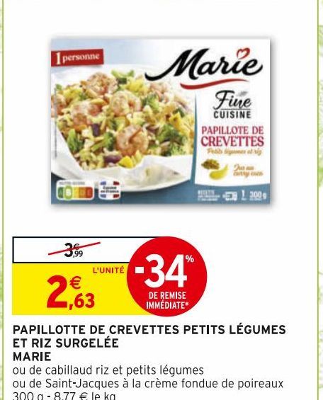 PAPILLOTTE DE CREVETTES PETITS LEGUMES ET RIZ SURGELEE MARIE 