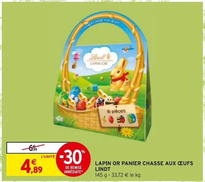 lapin or panier chasse aux oeufs lindt 
