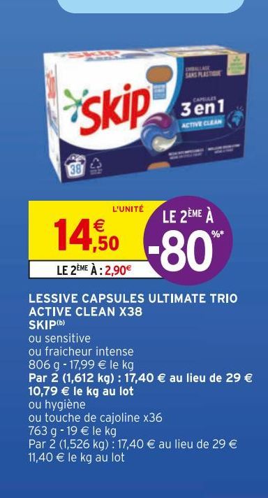 LESSIVE CAPSULES ULTIMATE TRIO ACTIVE CLEAN X38 SKIP