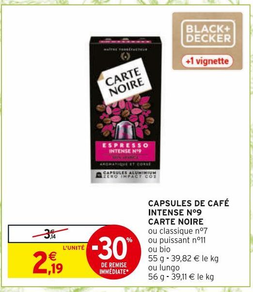 CAPSULES DE CAFE INTENSE N°9 CARTE NOIRE 