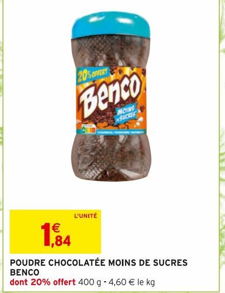 POUDRE CHOCOLATEE MOINS DE SUCRES BENCO 