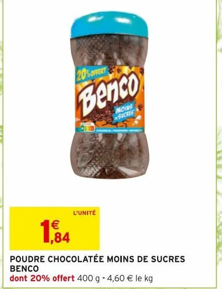 poudre chocolatee moins de sucres benco 