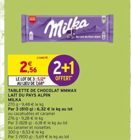 tablette de chocolat mmmax lait du pays alpin milka