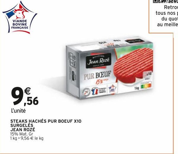 STEAKS HACHÉS PUR BEOUF X10 SURGELÉS JEAN ROZÉ