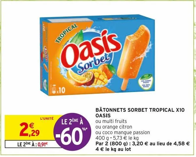 bâtonnets sorbet tropical x10 oasis