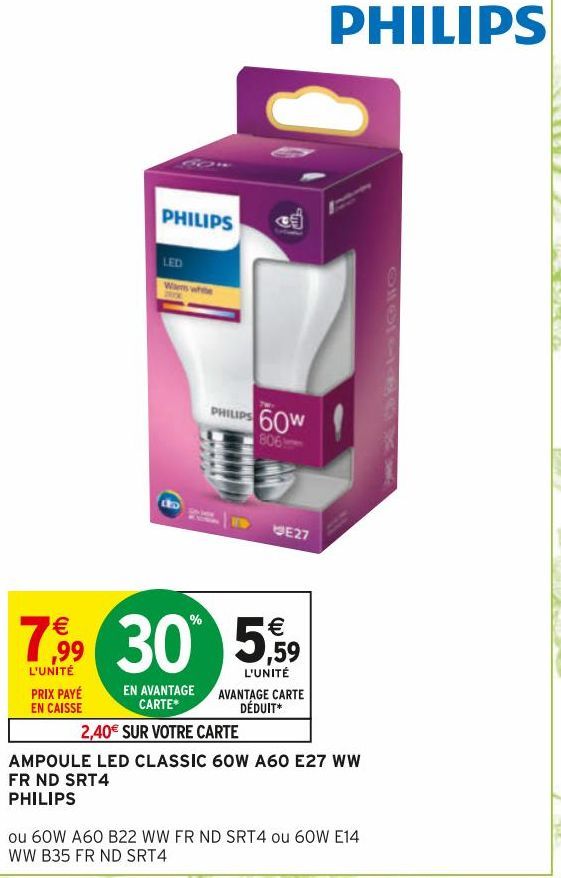 AMPOULE LED CLASSIC 60W A60 E27 WW FR ND SRT4 PHILIPS