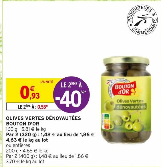 OLIVES VERTES DÉNOYAUTÉES BOUTON d' OR