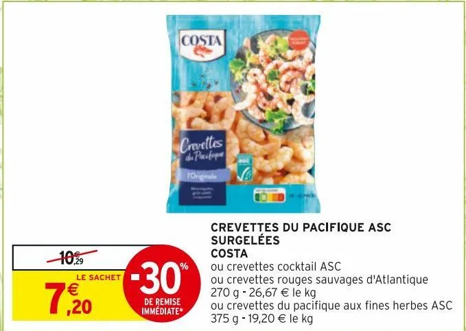 crevettes du pacifique asc surgelés costa