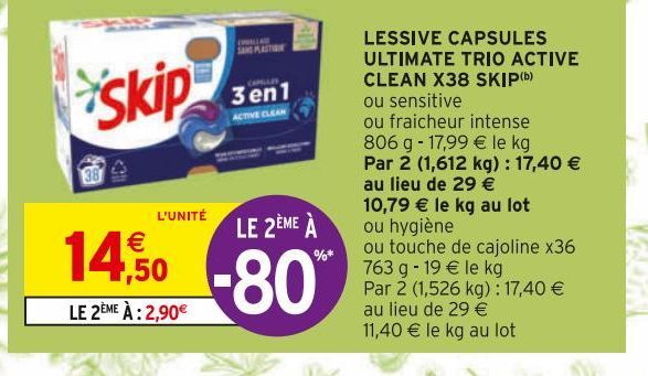 LESSIVE CAPSULES ULTIMATE TRIO ACTIVE CLEAN X38 SKIP