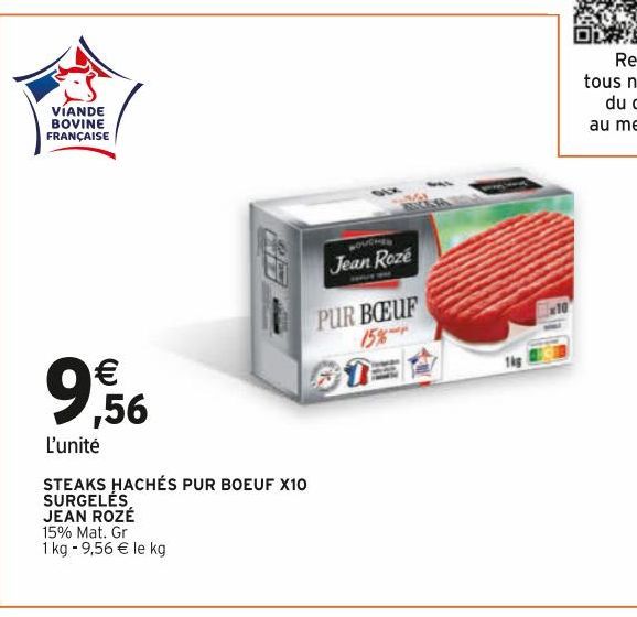 STEAK HACHÉS PUR BOEUF X10 SURGELÉS JEAN ROZÉ